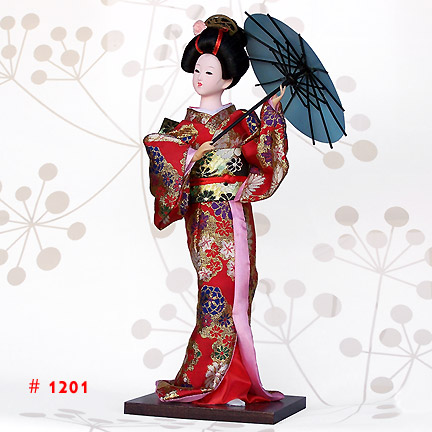 Red Geisha Doll With Blue Umbrella
