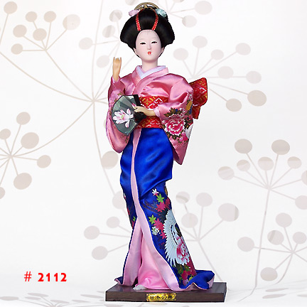 Japanese Geisha Doll In Pink-Blue Dress